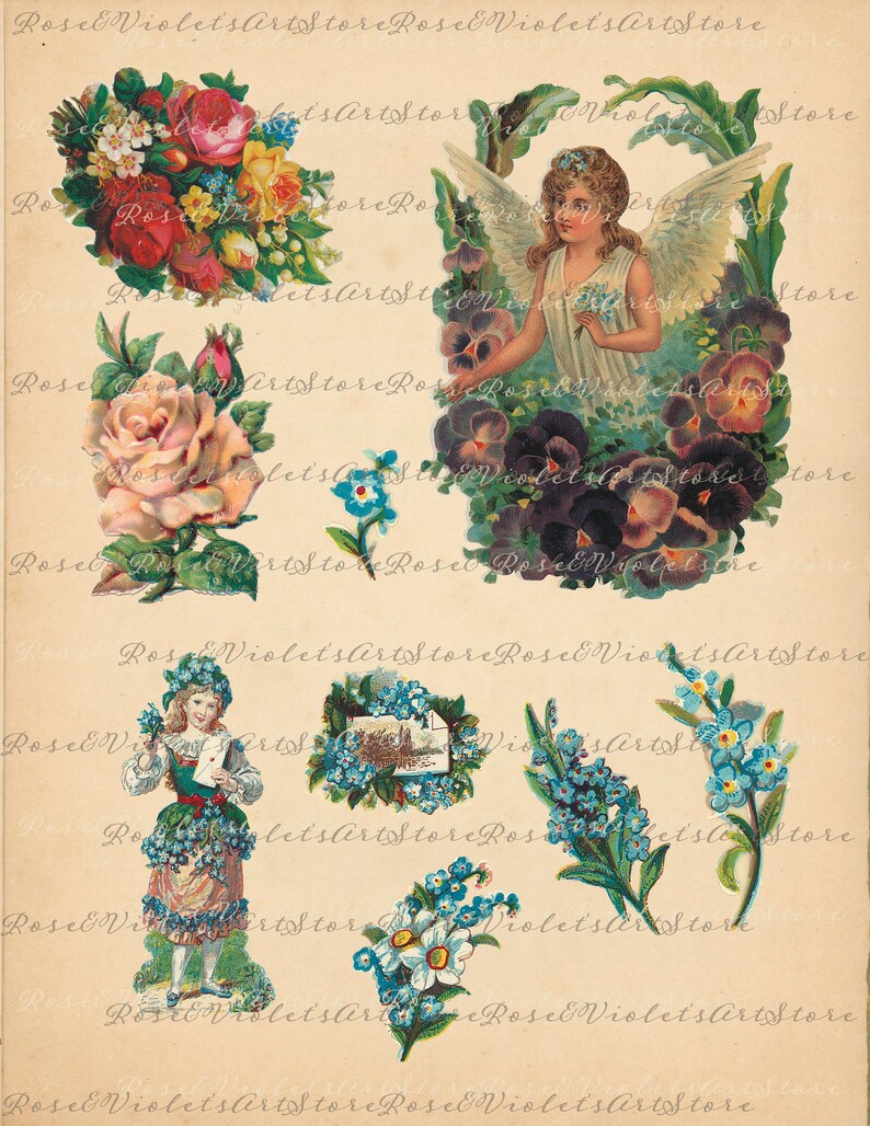 May include: A collection of vintage paper ephemera featuring images of flowers, angels, and a girl in a floral dress. The images are printed on a cream-colored background and have a faded, antique look.
