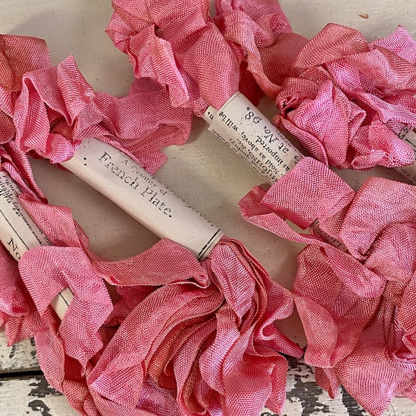 Royal Pink silk ribbon, distressed ribbon, hand dyed silk ribbon, scrapbooking, craft ribbon, vintage ribbon, vintage silk ribbon