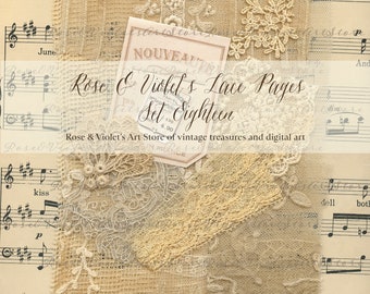 May include: A collage of vintage lace and fabric scraps in cream and beige tones, layered over sheet music. The text "Rose & Violet's Lace Pages Set Eighteen" is visible. The image has a soft, antique aesthetic, suitable for crafting or scrapbooking.