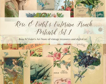 May include: A collage of vintage French postcards featuring floral designs, including roses, violets, and lilies of the valley. The postcards have text in French, including "Heureuse" and "Bonne Fête".