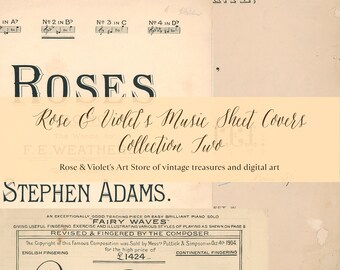 May include: A vintage music sheet cover featuring a rose and violet design. The cover is titled "Roses" and features the text "Rose & Violet's Music Sheet Covers Collection Two". The cover also includes the text "Stephen Adams" and "Fairy Waves".