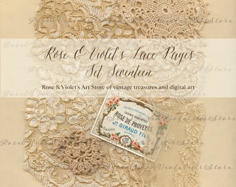 May include: A collection of vintage lace doilies in cream and white. The doilies are arranged on a beige background. The text "Rose & Violet's Lace Pages Set Seventeen" is printed in black on a white background. The text "Rose & Violet's Art Store of vintage treasures and digital art" is printed in black on a white background. A vintage label for "Rose de Provence" is visible in the lower right corner of the image.