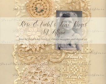 May include: A collage of vintage lace trims and doilies in cream and white, with a framed photograph of a young girl in a white dress. The text "Rose & Violet's Lace Pages Set Fifteen" is written in cursive script.