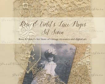 May include: A vintage-style digital collage featuring cream-colored lace and a sepia-toned photograph of a child in a hat. The text "Rose & Violet's Lace Pages Set Seven" is displayed. The image is from Rose & Violet's Art Store.
