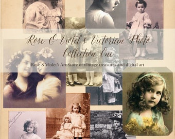 May include: A collage of vintage photographs featuring young girls in various poses. The photos are in black and white and sepia tones, and they are arranged in a grid pattern. The title "Rose & Violet's Victorian Photo Collection One" is written in cursive script across the top of the collage.