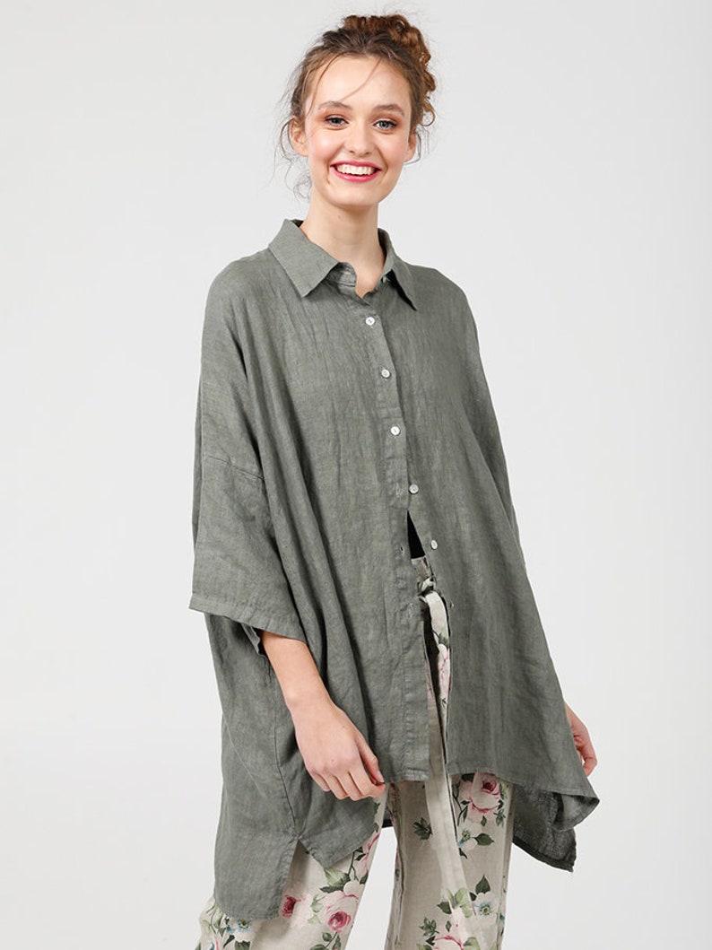 OLIVE GREEN Linen Shirt Loose Fit Linen Shirt Green Shirt Etsy