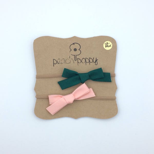 Hand Tied Bow Nylon Baby Headbands - Choose Two, Photo Outfit, Baby Hairbow, Baby Shower Gift, Pink, Forest Green, Maroon, Mint Green, Blue