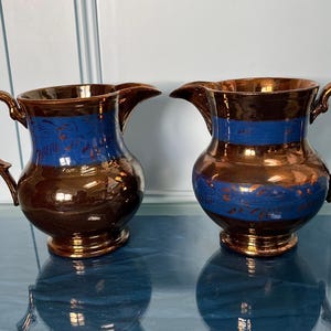 2 x Antique 19thC Victorian Copper Lustre Ware 1 Pint Decorative Jugs or Vases