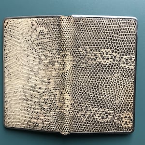 May include: A vintage, silver-framed, snakeskin-patterned wallet or case. The wallet is closed and has a textured, embossed pattern.