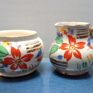 Art Deco 1930s Sadler Gilt Edged Handpainted Ceramic Milk and Sugar Bowl
