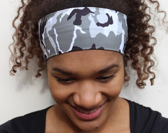 Fitness Headband, Grey Camo Headband, Yoga Headband, Workout Headband, Nonslip Headband, Breathable Headband, Stretchy Wide Headband