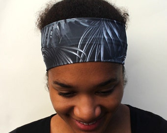 Yoga Nonslip Headband, Tropical Grey Print, Workout Headband, Fitness Headband, Stretchy Wide Headband, Breathable Headband, Nurse Headband