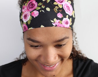 Thick Black Floral Headband, Stretchy Wide Headband, Nonslip Headband, Fashion Headband, Fabric Headband, Workout Headband, Nurse Headband