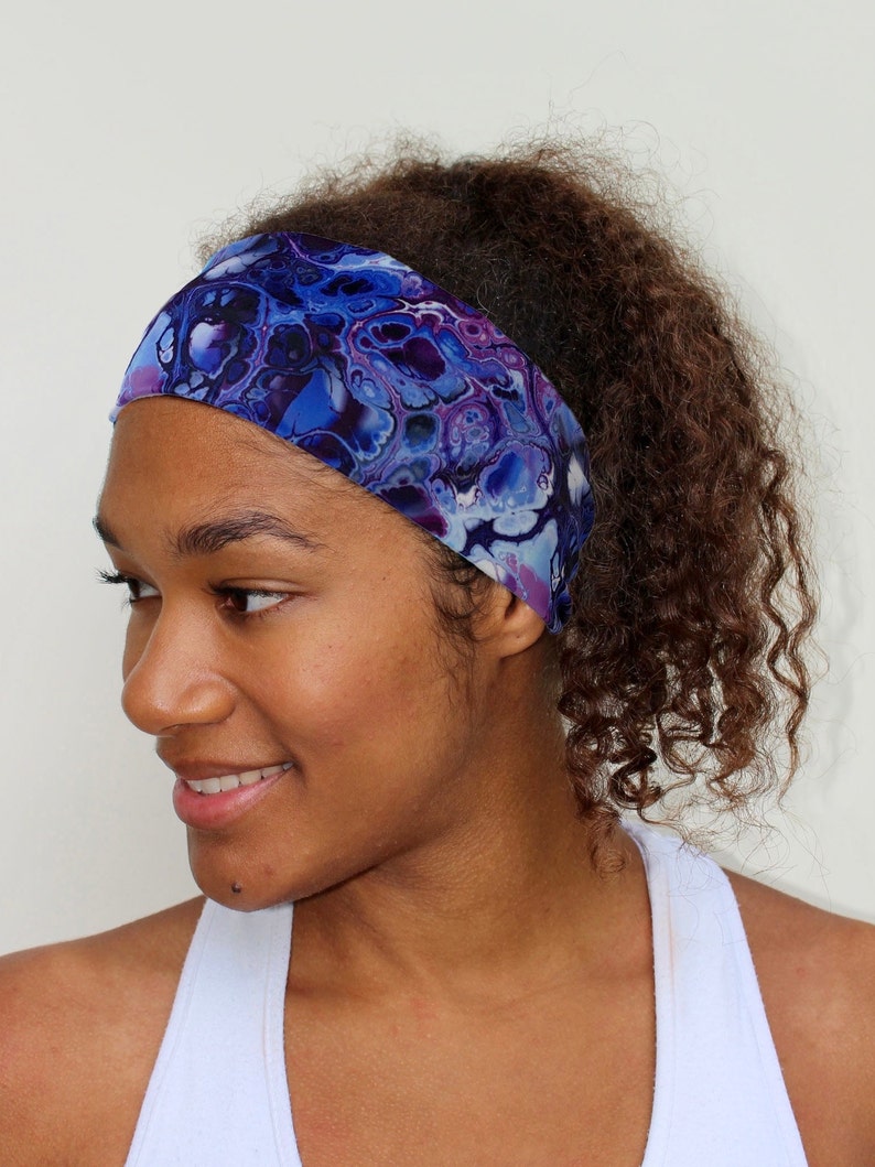 Swim Headband, Blue Fluid Print, Yoga Headband, Workout Headband, Nonslip Headband, Breathable Headband, Stretchy Wide Headband image 2