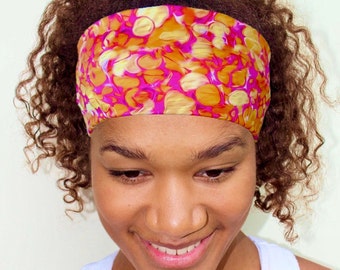 Yoga Nonslip Headband, Pink Orange Print, Workout Headband, Fitness Headband, Stretchy Wide Headband, Breathable Headband