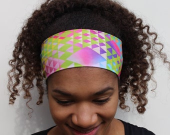 Wide Fitness Headband, Geometric Green Print, Yoga Headband, Workout Headband, Nonslip Headband, Breathable Headband, Stretchy Headband