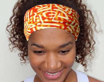 Thick Nonslip Yoga Headband, Orange Nomad Print, Workout Headband, Fitness Headband, Stretchy Wide Headband, Fabric Headband