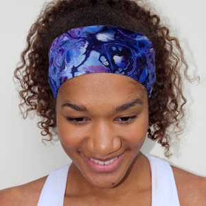 Swim Headband, Blue Fluid Print, Yoga Headband, Workout Headband, Nonslip Headband, Breathable Headband, Stretchy Wide Headband