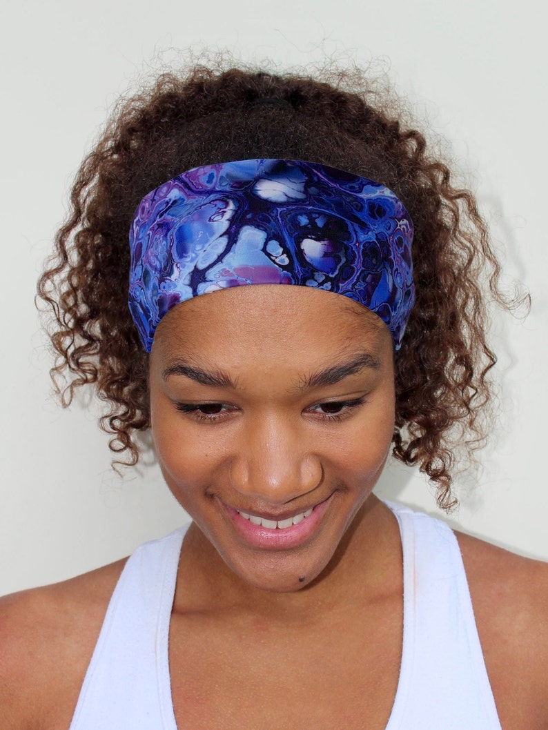 Swim Headband, Blue Fluid Print, Yoga Headband, Workout Headband, Nonslip Headband, Breathable Headband, Stretchy Wide Headband image 1