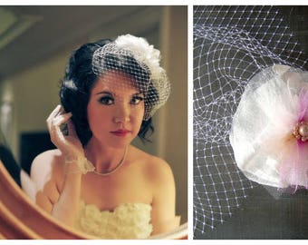 Flower Headpiece, Organza Flower for Hair, Bride Accessory for Hair, Birdcage Veil with Flower, Fashion Accessory, Tulle Flower Fascinator