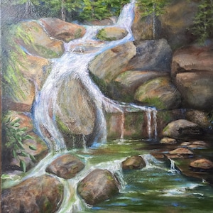 May include: A painting of a waterfall cascading over moss-covered rocks in a lush forest setting. The water is a light blue and white, and the rocks are a dark brown and green. The forest is a dark green, and the sky is a light blue.