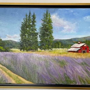 May include: A painting depicting a red barn situated in a field of lavender. Two tall evergreen trees are prominent in the foreground, with a mountain range visible in the background.