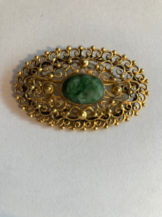 Vermeil Jade Danecraft Filigree Brooch