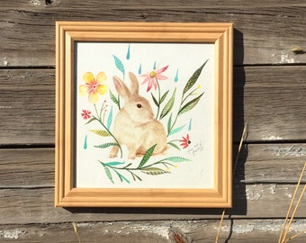 Bunny, Wood Framed Original Painting, watercolor, acrylic, rabbit, meadow, flowers