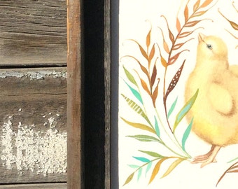 Chick, Barnwood Framed Original Painting, watercolor, chicken, acrylic, farm, flowers