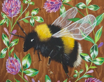 Bumblebee Art Print | Acrylic Painting | Nursery | Meadow Animal | Floral | 8x8