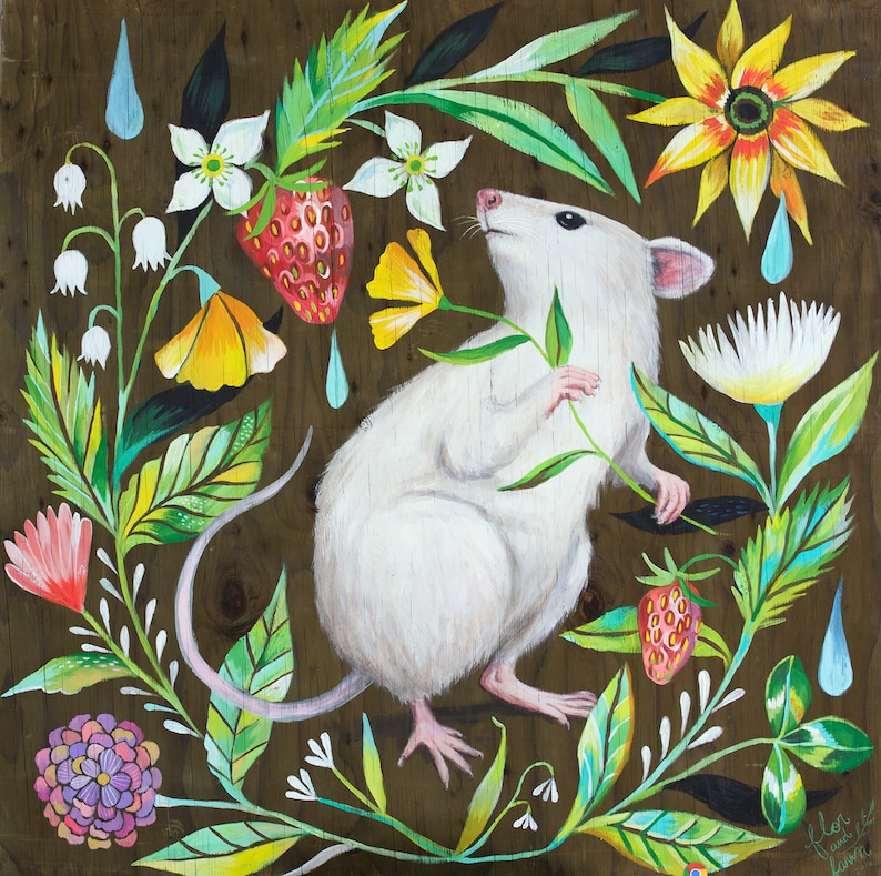 Mouse Art Print Acrylic Painting Nursery Woodland Animal Floral 8x8 Etsy