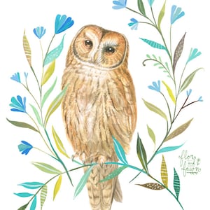 Owl Art Print | Watercolor Painting | Nursery | Woodland Animal | Floral | 8x10 | 11x14