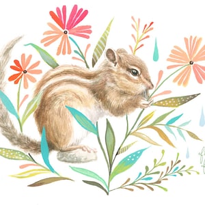 Chipmunk Art Print | Watercolor Painting | Nursery | Woodland Animal | Floral | 8x10 | 11x14