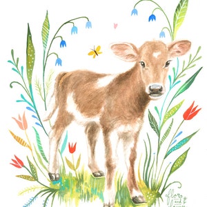 Little Cow Art Print | Watercolor Painting | Nursery | Farm | 8x10 | 11x14