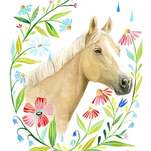 Horse Art Print | Watercolor Painting | Nursery | Farm | Floral | 8x10 | 11x14