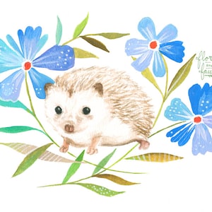Hedgehog Art Print | Watercolor Painting | Nursery | Woodland Animal | Floral | 8x10 | 11x14