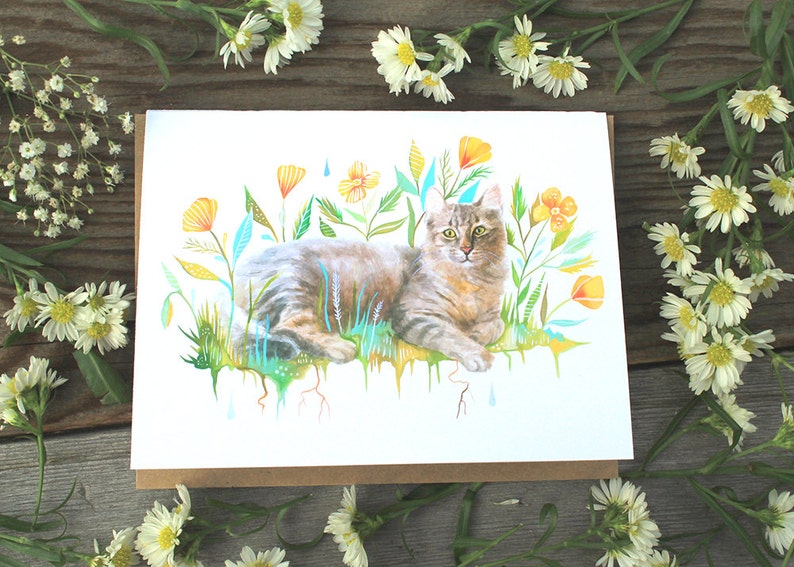 Greeting Card Baby Shower Stationery Cat Blank Notecard Watercolor Painting