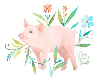 Piglet Art Print | Watercolor Painting | Nursery | Farm | 8x10 | 11x14