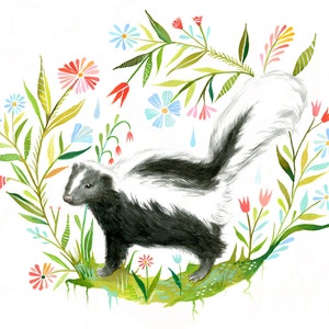 Little Skunk Art Print | Watercolor Painting | Nursery | Woodland Animal | Floral | 8x10 | 11x14