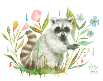 Raccoon Art Print | Watercolor Painting | Nursery | Woodland Animal | Floral | 8x10 | 11x14