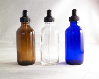 60 GLASS DROPPER BOTTLES Set, 4 oz [120ml] Clear, Amber, Cobalt Empty Tincture or w/ Black Cap, Lid, for Essential Oils, etc         [n20]