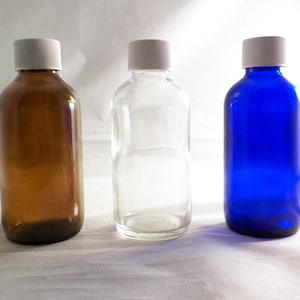 8 GLASS TINCTURE BOTTLES  w/ cap  4 Oz/ 120ml Clear/Amber/ Cobalt Uv-Protected empty Use w/ Essential Oils etc.          [n20]