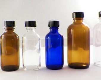 GLASS Bottles-w/ CAPS or DROPPER  Choose Size  1, 2,4 or 8oz Clear, Amber, Cobalt Tincture bottles, diy  w/ Essential Oil