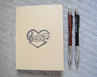 Music love heart notebook, small blank journal, pocket travel jotter