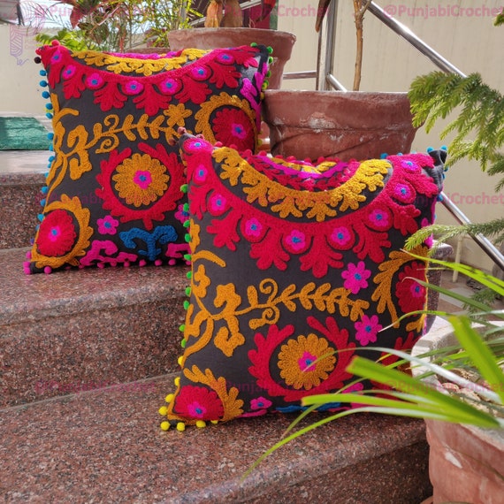 Indian Handmade Embroidered Throw Decor Suzani Cushion Cover Boho Pillowcases 
