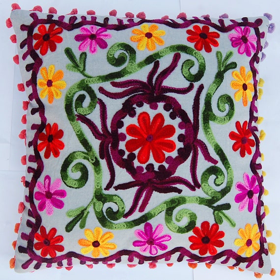 Indian Pillow Cases Hand Embroidered Cushion Covers Wool Etsy