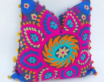 Beautiful Multicolored Handmade Wool Embroidered Indian Pillow Cases Suzani Cushion Cover Decorative Pillow Case Traditional Turkish Designs