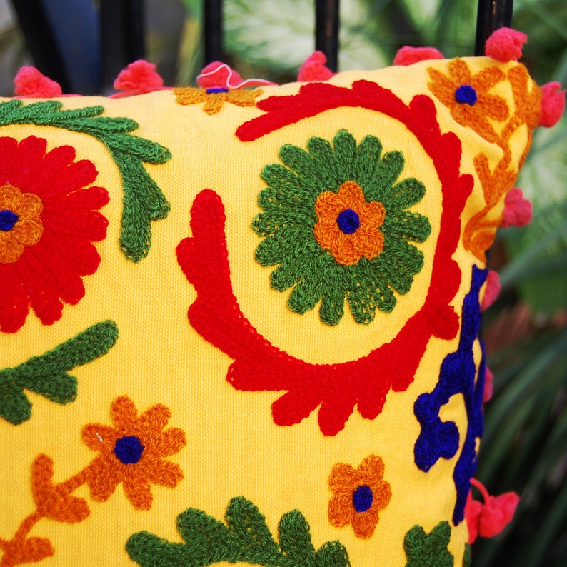 Cotton Pillow Covers Yellow Handmade Woolen Embroidered Suzani Etsy