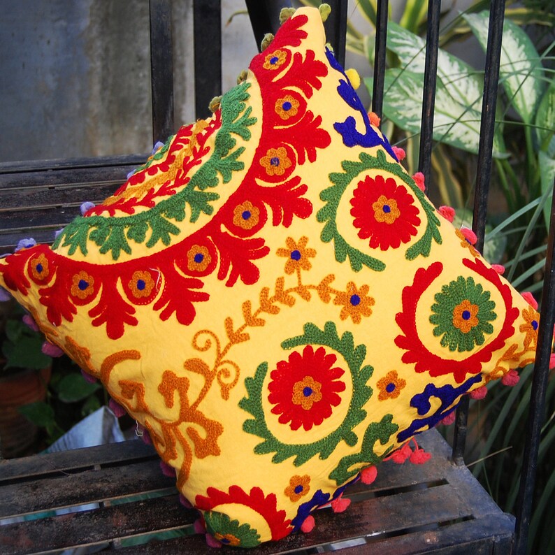 Cotton Pillow Covers Yellow Handmade Woolen Embroidered Suzani Etsy