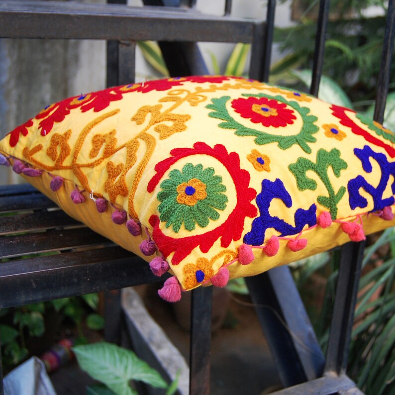 Cotton Pillow Covers Yellow Handmade Woolen Embroidered Suzani Etsy